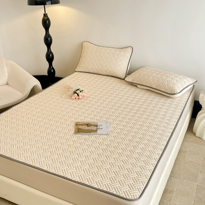 91家纺网 家纺一手货源 找家纺 欧邦2025新款纯色加厚乳胶床笠三件套 饼干花-米杏