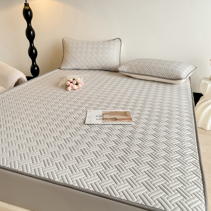 91家纺网 家纺一手货源 找家纺 欧邦2025新款纯色加厚乳胶床笠三件套 饼干花-浅灰