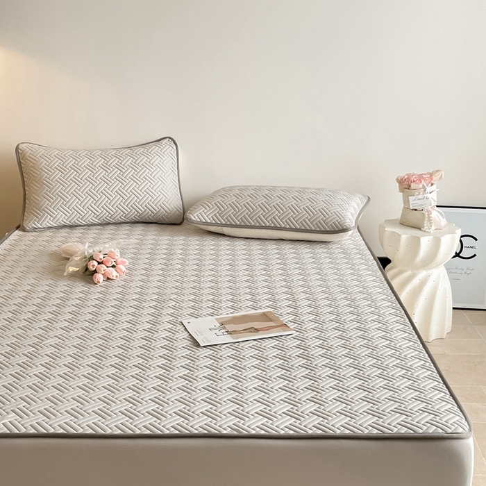 91家纺网 家纺一手货源 找家纺 欧邦2025新款纯色加厚乳胶床笠三件套 饼干花-浅灰