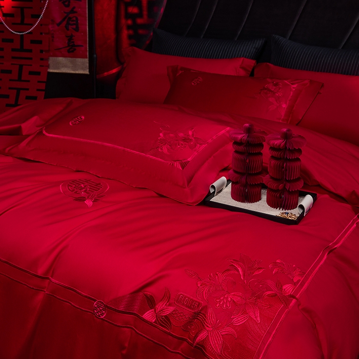 91家纺网 家纺一手货源 找家纺 （总）2025新款纯棉贡缎刺绣婚庆系列四件套