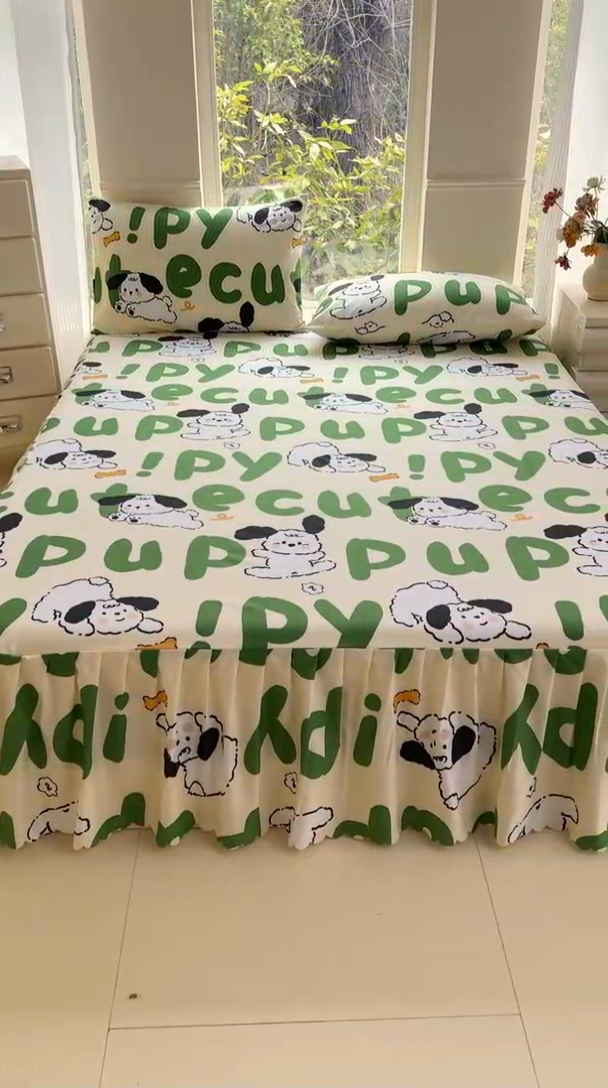 91家纺网 家纺一手货源 找家纺 莎臣豹 2025新款植物羊绒单品单件单床裙可配床裙三件套 快乐萌犬