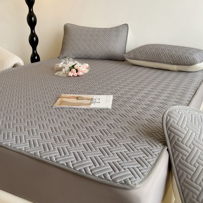 91家纺网 家纺一手货源 找家纺 欧邦2025新款纯色加厚乳胶床笠三件套 饼干花-深灰