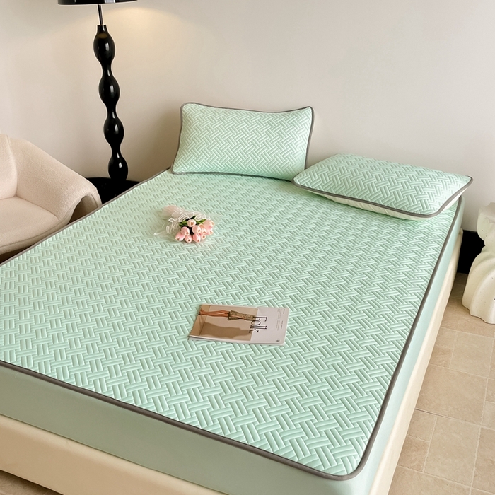 91家纺网 家纺一手货源 找家纺 欧邦2025新款纯色加厚乳胶床笠三件套 饼干花-水绿