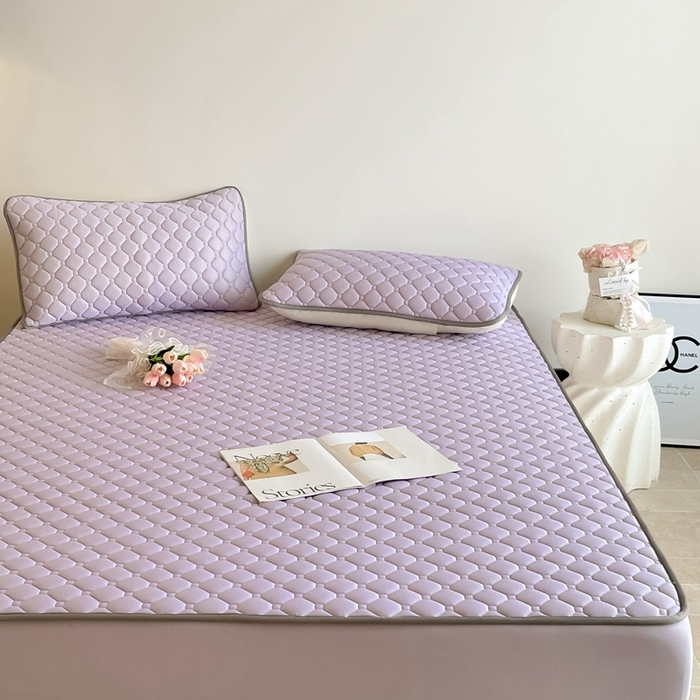 91家纺网 家纺一手货源 找家纺 欧邦2025新款纯色加厚乳胶床笠三件套 方格-浅紫