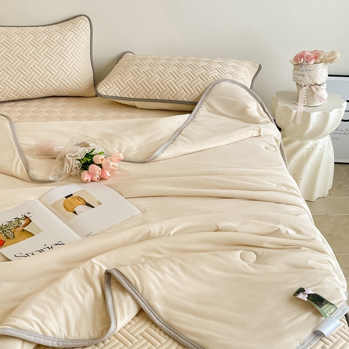 91家纺网 家纺一手货源 找家纺 欧邦2025新款纯色加厚乳胶床笠三件套 饼干花-米杏