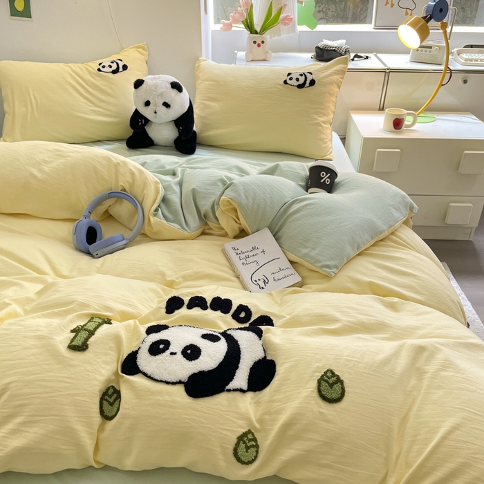 91家纺网 家纺一手货源 找家纺 优卡迪家纺馆 2025新款水洗棉毛巾绣四件套（下载文件夹包含买家秀） 淘气熊猫-黄