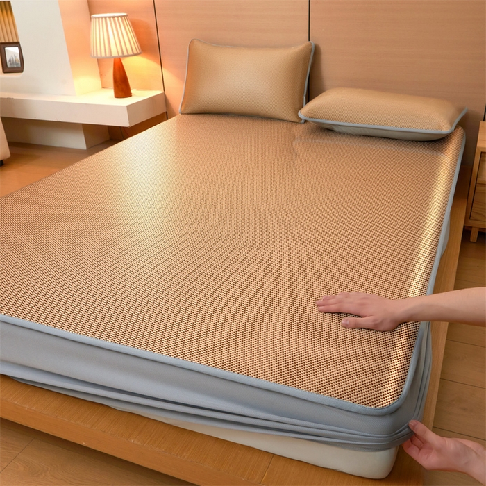 91家纺网 家纺一手货源 找家纺 2025夏季新品纯色冰藤床笠三件套凉感冰丝床笠席子单件床罩 冰藤床笠-琥珀咖