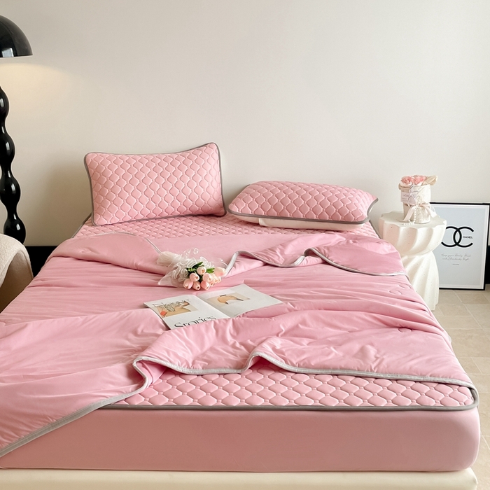 91家纺网 家纺一手货源 找家纺 欧邦2025新款纯色加厚乳胶床笠三件套 方格-豆粉