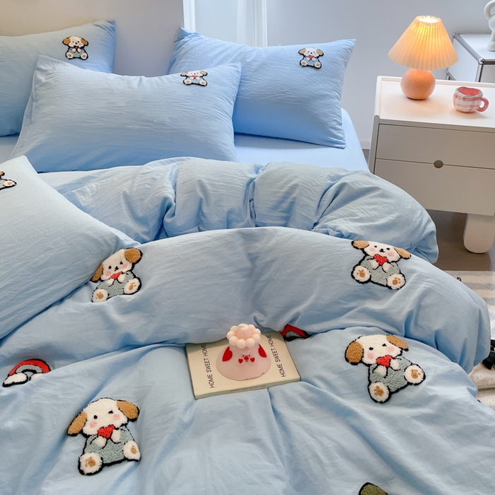 91家纺网 家纺一手货源 找家纺 优卡迪家纺馆 2025新款水洗棉毛巾绣四件套（下载文件夹包含买家秀） 彩虹狗-天蓝