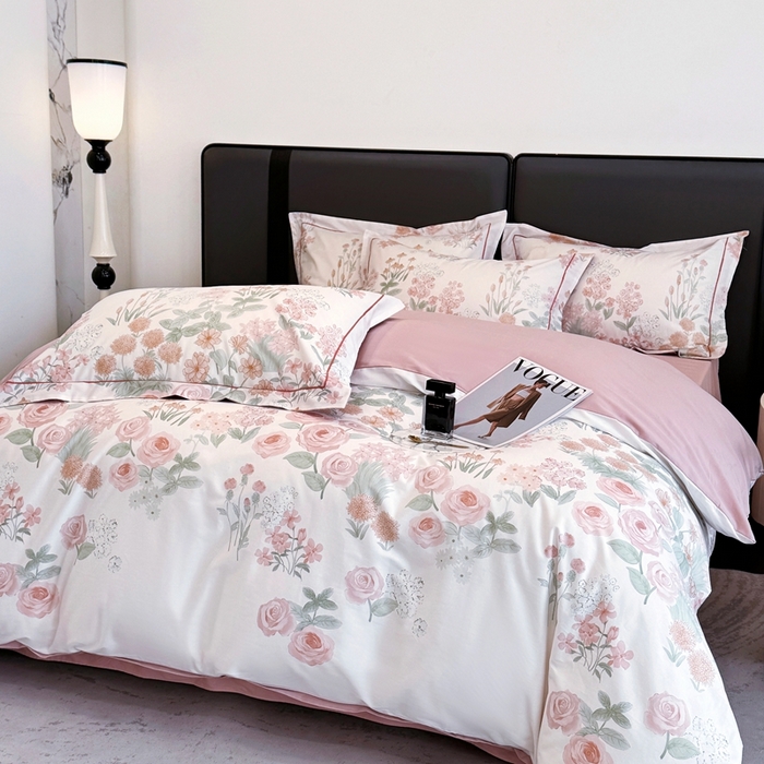 91家纺网 家纺一手货源 找家纺 乐蔻家纺 2025新款全棉13376数码印花四件套 俞木玫瑰 粉