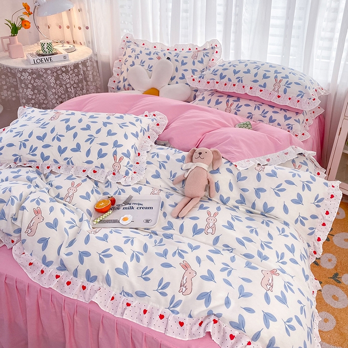 91家纺网 家纺一手货源 找家纺 2025新款公主风四件套全棉纯棉白花边被套床单款式三件套 树叶兔