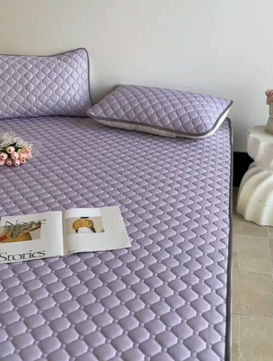 91家纺网 家纺一手货源 找家纺 欧邦2025新款纯色加厚乳胶床笠三件套 方格-浅紫