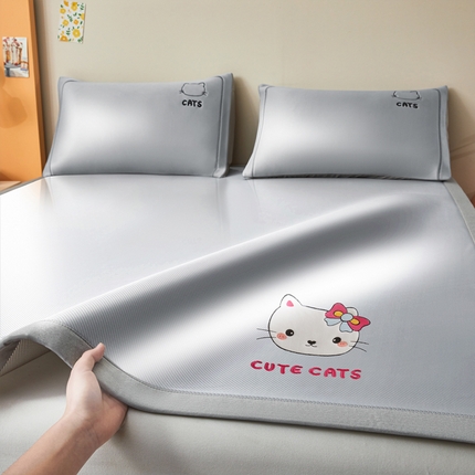 全季家居 2025新款5A抗菌碳光卡通贴布系列冰丝席 床席款-胖脸猫咪-银灰