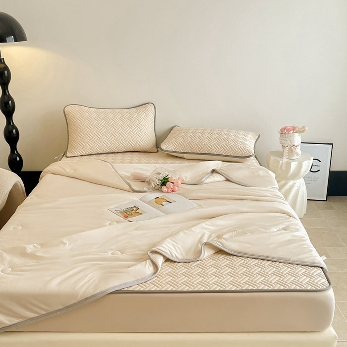 91家纺网 家纺一手货源 找家纺 欧邦2025新款纯色加厚乳胶床笠三件套 饼干花-米杏