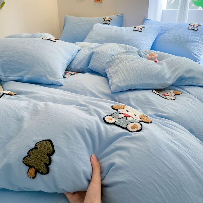 91家纺网 家纺一手货源 找家纺 优卡迪家纺馆 2025新款水洗棉毛巾绣四件套（下载文件夹包含买家秀） 彩虹狗-天蓝