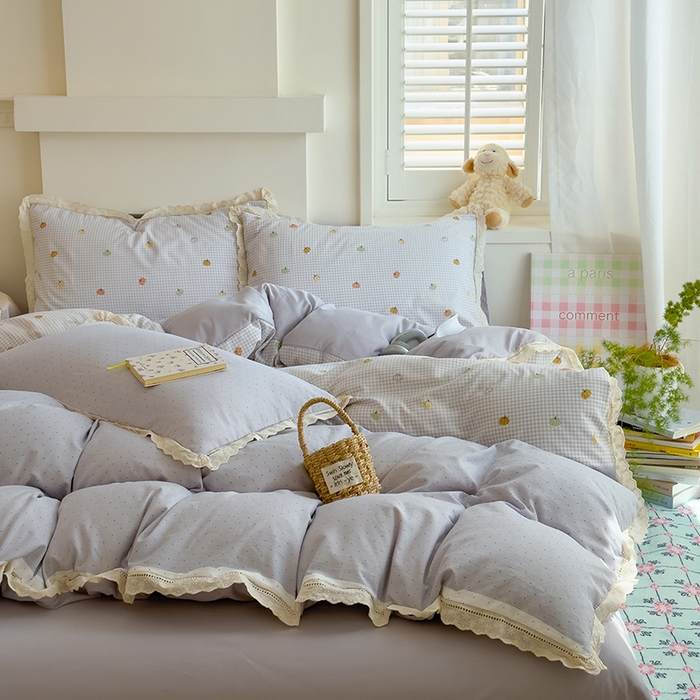 91家纺网 家纺一手货源 找家纺 竹合家纺 2025新款春日碎花法式镂空花边款式提花皱皱四件套 法式-小南瓜灰