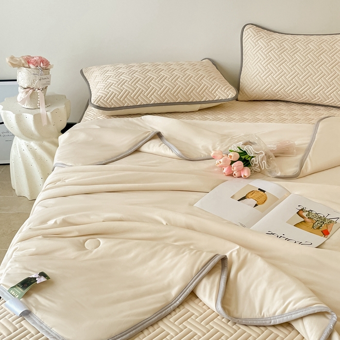 91家纺网 家纺一手货源 找家纺 欧邦2025新款纯色加厚乳胶床笠三件套 饼干花-米杏