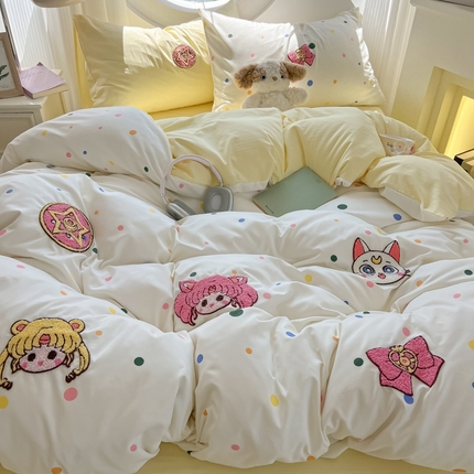 91家纺网 家纺一手货源 找家纺 （总）子钦家纺 2025新款云朵棉针织棉水洗棉毛巾绣卡通宿舍儿童四件套-月亮女神