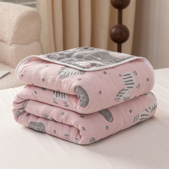 91家纺网 家纺一手货源 找家纺 乐家毛巾被（工厂自产自销） 2025春夏新款亲肤舒适六层纱布被 粉色斑马