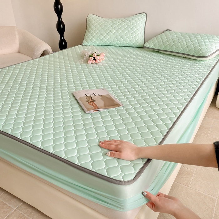 91家纺网 家纺一手货源 找家纺 欧邦2025新款纯色加厚乳胶床笠三件套 方格-水绿