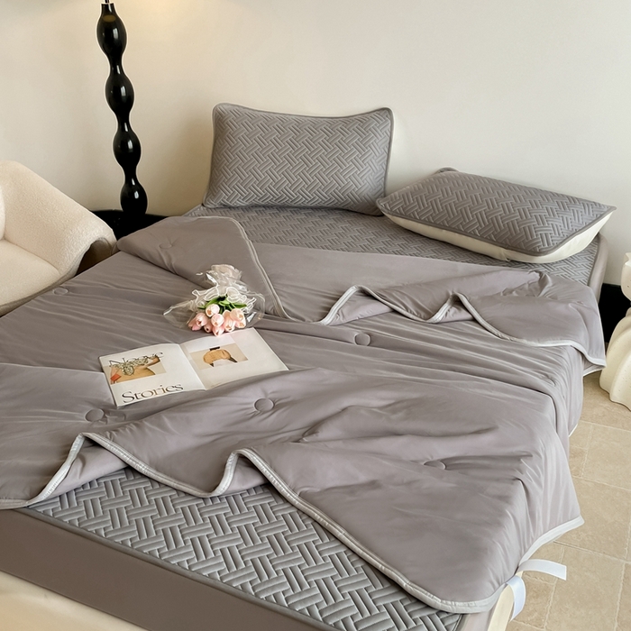 91家纺网 家纺一手货源 找家纺 欧邦2025新款纯色加厚乳胶床笠三件套 饼干花-深灰