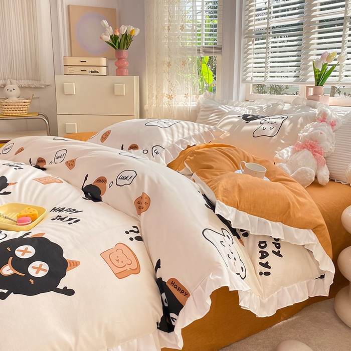 91家纺网 家纺一手货源 找家纺 2025新款公主风四件套全棉纯棉白花边被套床单款式三件套 煤球