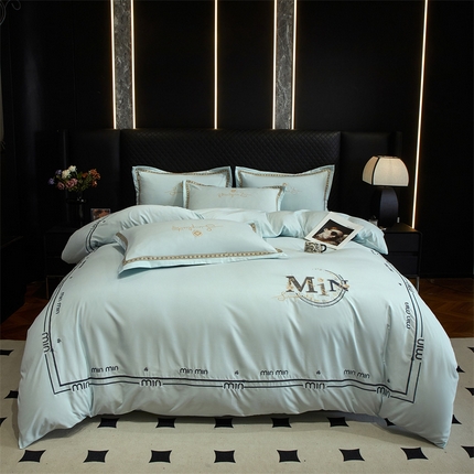 佳宇轩 2025爆款水洗棉五彩刺绣四件套简约轻奢织带绣花床单床笠被罩4件套-简约时代 简约时代冰晶蓝