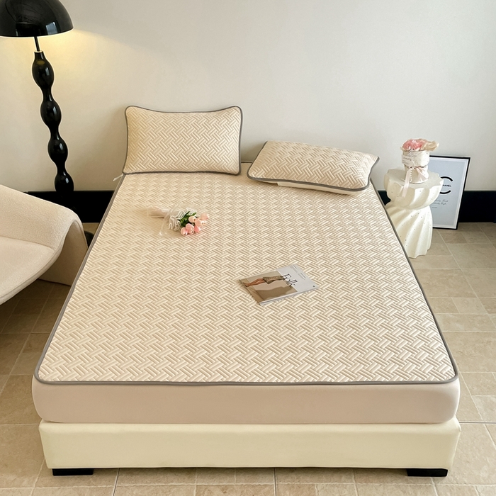 91家纺网 家纺一手货源 找家纺 欧邦2025新款纯色加厚乳胶床笠三件套 饼干花-米杏