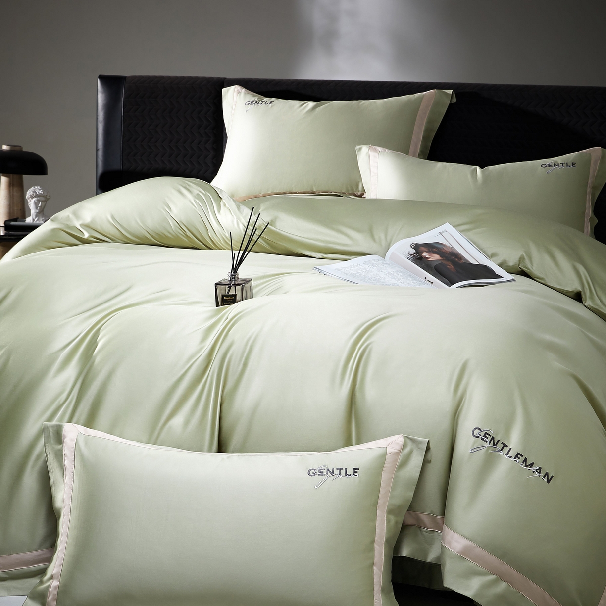 91家纺网 家纺一手货源 找家纺 佳汐蓝家纺 2025春夏新款新疆棉纯棉轻奢四件套（贴边款） 绿灰色