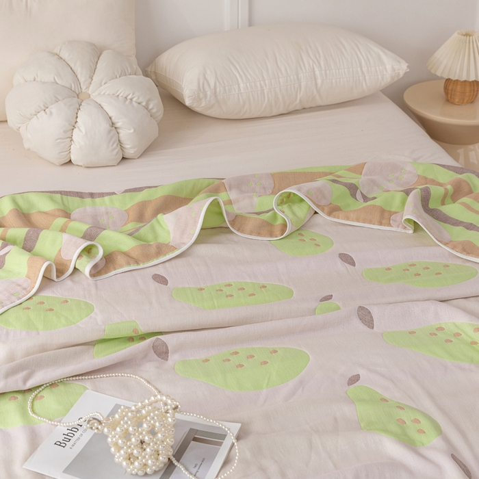 91家纺网 家纺一手货源 找家纺 乐家毛巾被（工厂自产自销） 2025春夏新款亲肤舒适六层纱布被 绿色梨子