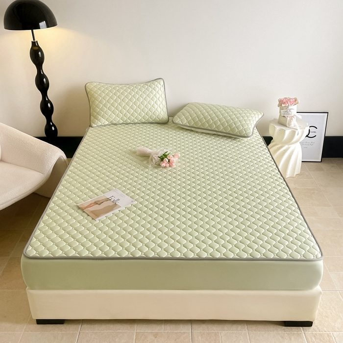 91家纺网 家纺一手货源 找家纺 欧邦2025新款纯色加厚乳胶床笠三件套 方格-果绿