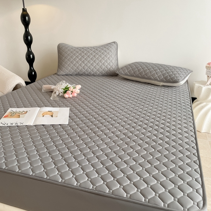 91家纺网 家纺一手货源 找家纺 欧邦2025新款纯色加厚乳胶床笠三件套 方格-深灰