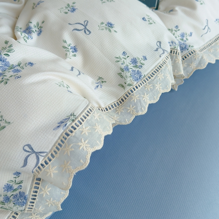 91家纺网 家纺一手货源 找家纺 竹合家纺 2025新款春日碎花法式镂空花边款式提花皱皱四件套 法式-晨曦