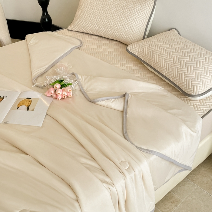 91家纺网 家纺一手货源 找家纺 欧邦2025新款纯色加厚乳胶床笠三件套 饼干花-米杏