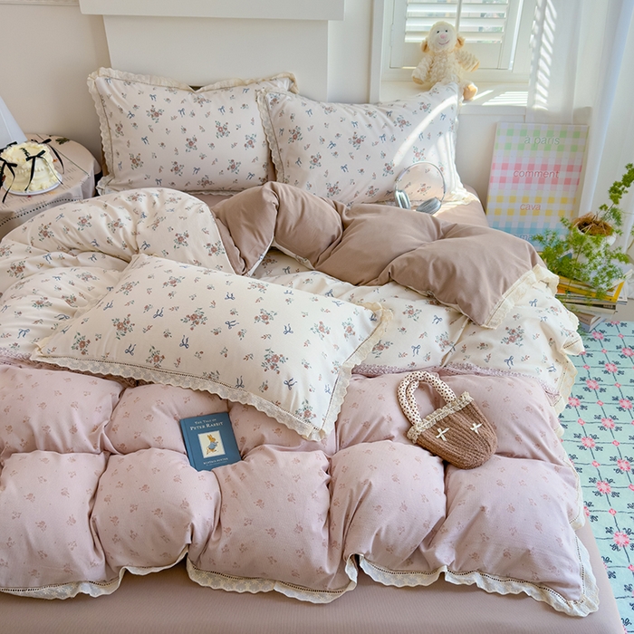 91家纺网 家纺一手货源 找家纺 竹合家纺 2025新款春日碎花法式镂空花边款式提花皱皱四件套 法式-海岛清茶