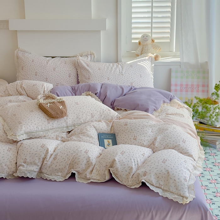 91家纺网 家纺一手货源 找家纺 竹合家纺 2025新款春日碎花法式镂空花边款式提花皱皱四件套 法式-乖乖兔