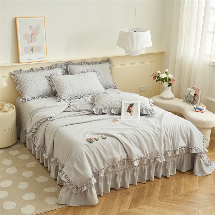 91家纺网 家纺一手货源 找家纺 恒爱家纺 2025新款A类泡泡纱床盖-杜鹃 绅士灰