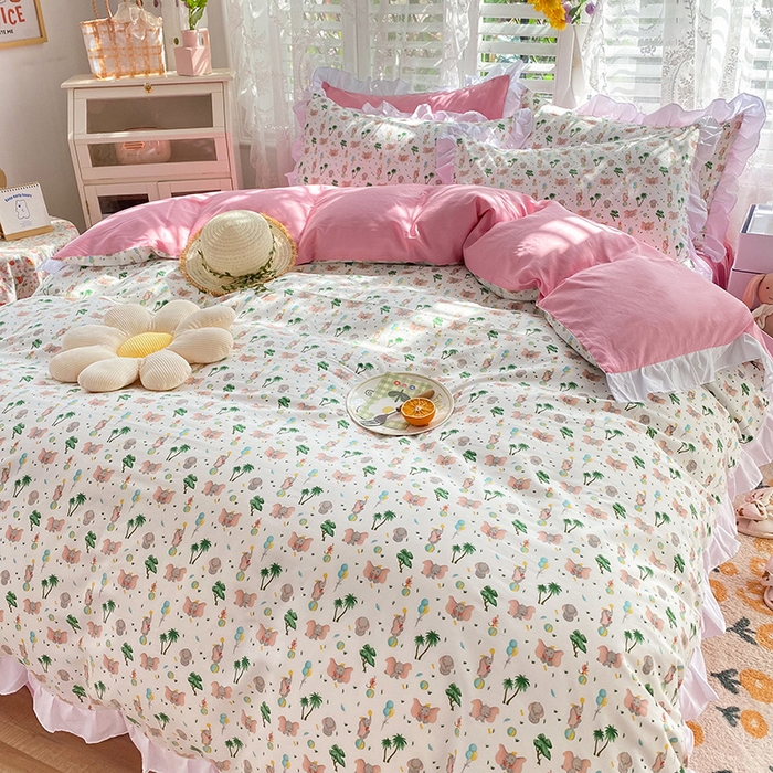 91家纺网 家纺一手货源 找家纺 2025新款公主风四件套全棉纯棉白花边被套床单款式三件套 小飞象