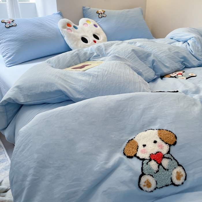 91家纺网 家纺一手货源 找家纺 优卡迪家纺馆 2025新款水洗棉毛巾绣四件套（下载文件夹包含买家秀） 彩虹狗-天蓝