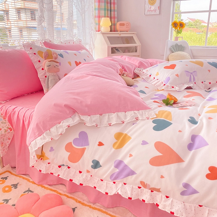 91家纺网 家纺一手货源 找家纺 2025新款公主风四件套全棉纯棉白花边被套床单款式三件套 满心喜悦