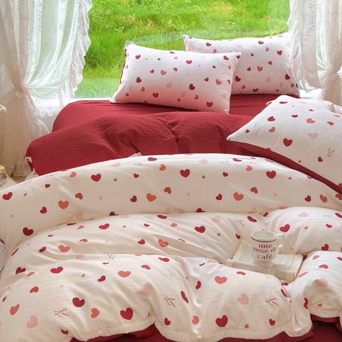 91家纺网 家纺一手货源 找家纺 仟网汇 2025新款亲肤舒适提花小竺棉彩竹棉彩竺棉系列四件套 彩竺棉-红爱心
