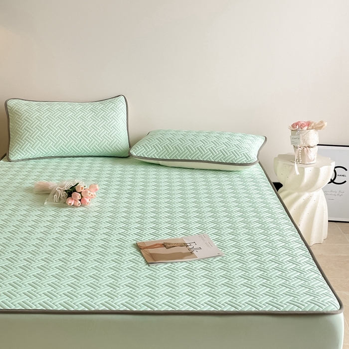91家纺网 家纺一手货源 找家纺 欧邦2025新款纯色加厚乳胶床笠三件套 饼干花-水绿