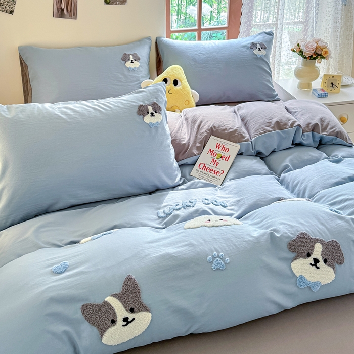 91家纺网 家纺一手货源 找家纺 优卡迪家纺馆 2025新款水洗棉毛巾绣四件套（下载文件夹包含买家秀） 萌萌狗-月光蓝