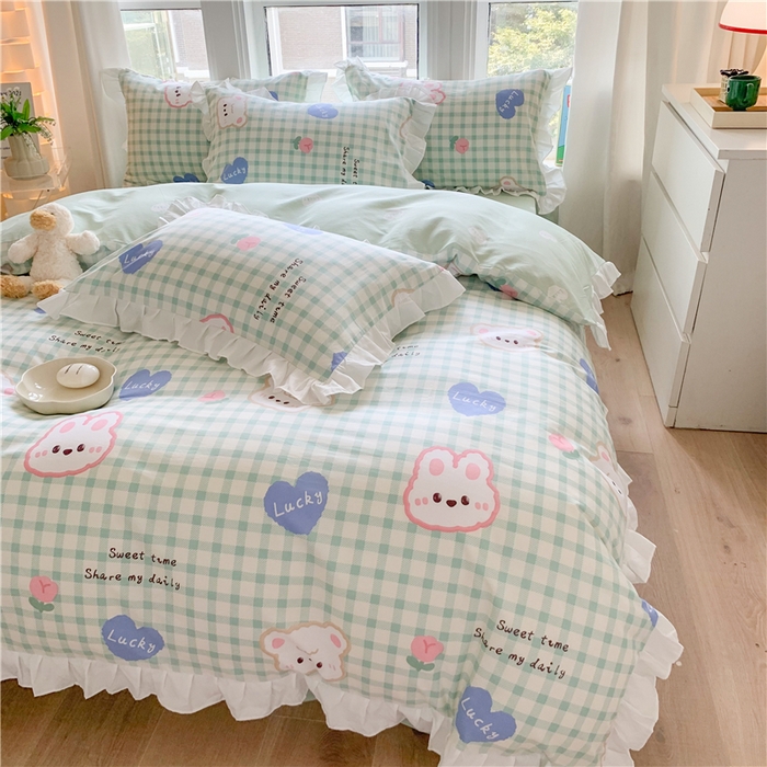 91家纺网 家纺一手货源 找家纺 2025新款公主风四件套全棉纯棉白花边被套床单款式三件套 兔兔高