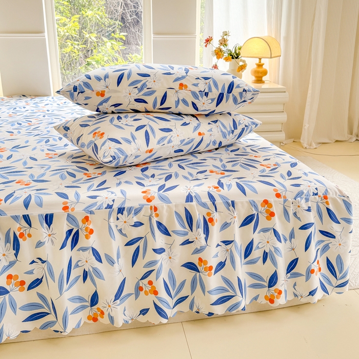 91家纺网 家纺一手货源 找家纺 莎臣豹 2025新款植物羊绒单品单件单床裙可配床裙三件套 蓝橙叶语