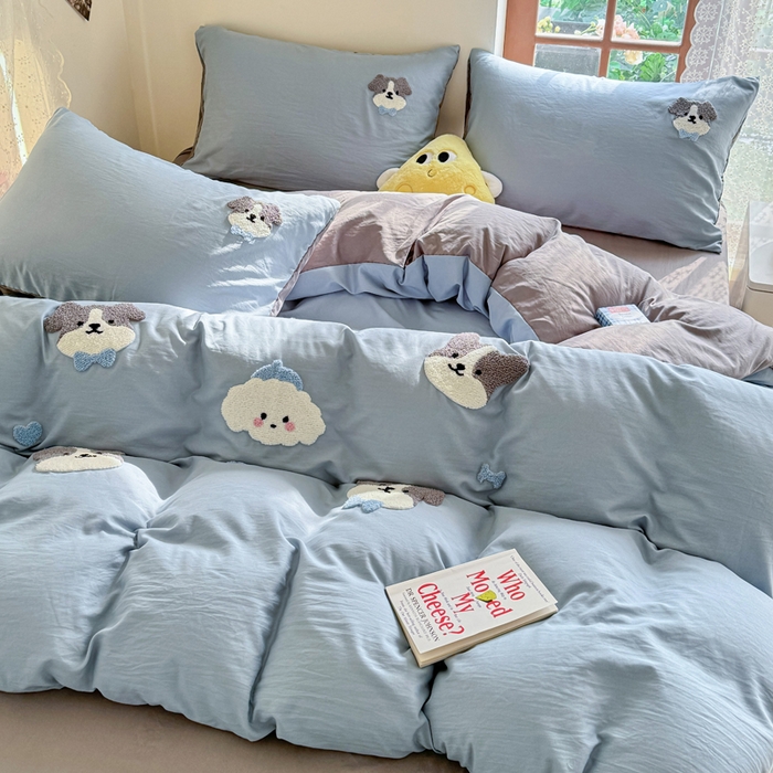 91家纺网 家纺一手货源 找家纺 优卡迪家纺馆 2025新款水洗棉毛巾绣四件套（下载文件夹包含买家秀） 萌萌狗-月光蓝