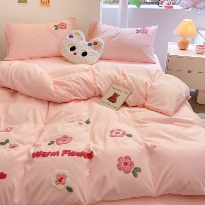 91家纺网 家纺一手货源 找家纺 优卡迪家纺馆 2025新款水洗棉毛巾绣四件套（下载文件夹包含买家秀） 国色天香-玉粉