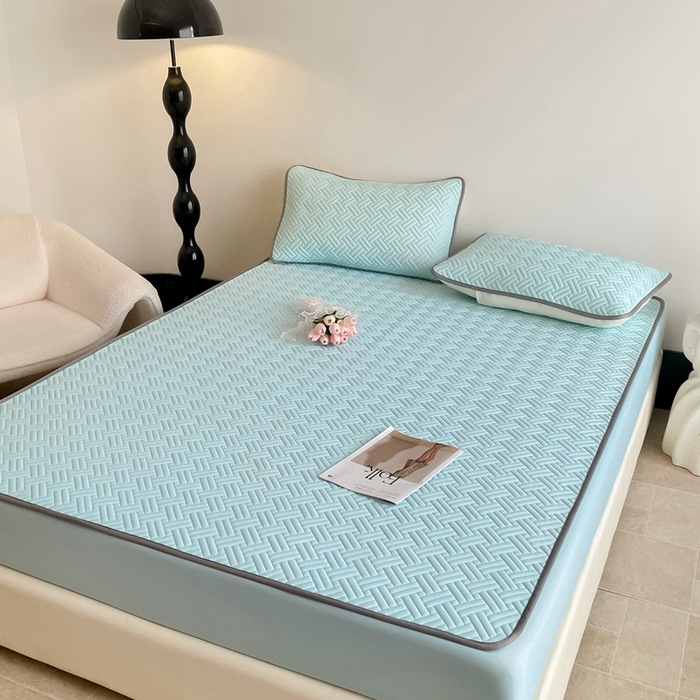 91家纺网 家纺一手货源 找家纺 欧邦2025新款纯色加厚乳胶床笠三件套 饼干花-湖蓝