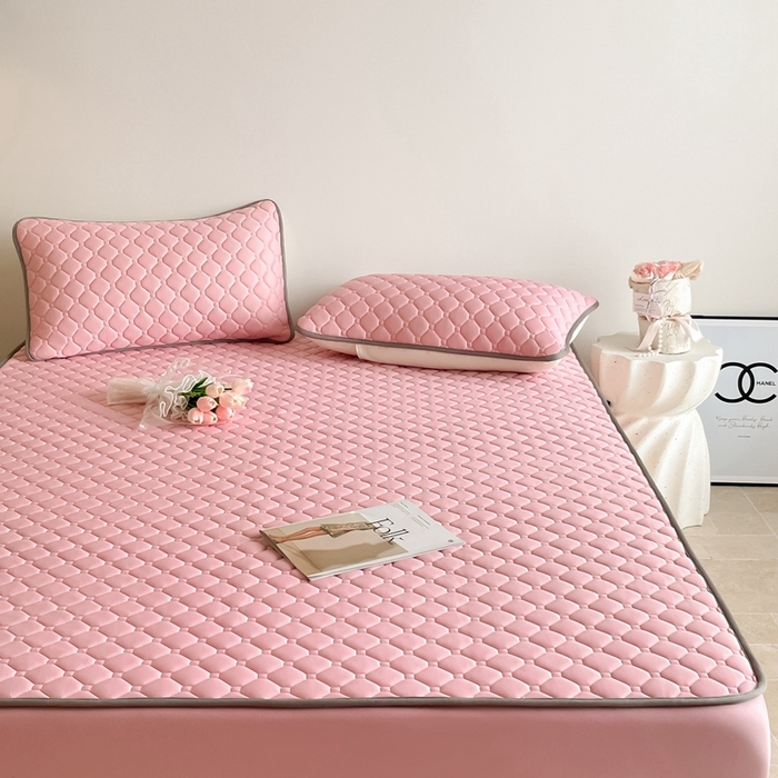 91家纺网 家纺一手货源 找家纺 欧邦2025新款纯色加厚乳胶床笠三件套 方格-豆粉