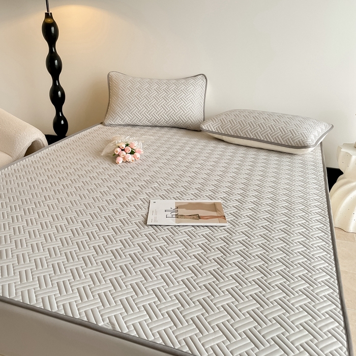 91家纺网 家纺一手货源 找家纺 欧邦2025新款纯色加厚乳胶床笠三件套 饼干花-浅灰